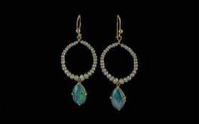 Ladies - Excellent Quality 18ct Gold Pair of Seed Pearls and Opal Set Earrings. Excellent Design.