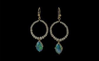 Ladies - Excellent Quality 18ct Gold Pair of Seed Pearls and Opal Set Earrings. Excellent Design.