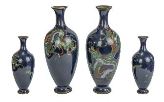 Japanese Early 20th Century Fine Pair of Cloisonne Bottle Neck Vases. c.1900 - 1910.