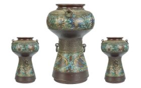 Large Oriental Cloisonne Vase, 12'' tall, twin handles, decorated with birds and florals, and