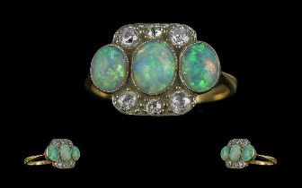 Antique Period - Excellent 18ct Gold Opal and Diamond Set Ring. Not Marked but Tests High Ct Gold.