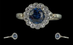 Edwardian Period 1902 - 1910 Excellent and Elegant Platinum Diamond and Blue Sapphire Set Cluster