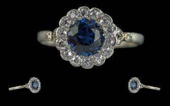 Edwardian Period 1902 - 1910 Excellent and Elegant Platinum Diamond and Blue Sapphire Set Cluster