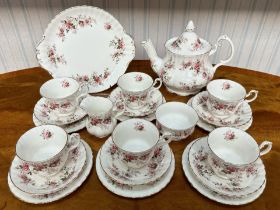 Royal Albert 'Lavender Rose' Tea Service, comprising a teapot, milk jug, sugar bowl, six cups and