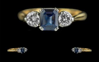 Ladies 18ct Gold and Platinum Attractive 3 Stone Blue Sapphire and Diamond Set Ring. Marked 18ct and