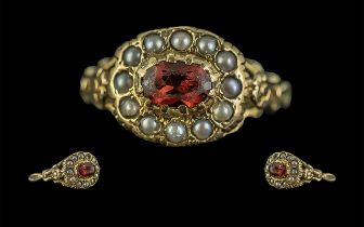Ladies Antique Period Attractive 9ct Gold Garnet and Pearl Set Ring, Full Hallmark to Interior of