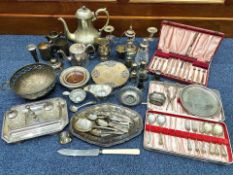 Box of Silver Plated Ware, including tea set, candlesticks, trays, wine cooler, flatware, ink stand,