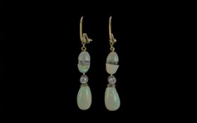 Antique Period - Attractive Ladies 18ct Gold Pair of Tear Drop Opals and Diamond Set Earrings,.