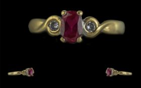 Ladies 18ct Gold Attractive Three Stone Ruby and Diamond Set Ring, with full hallmark to shank,