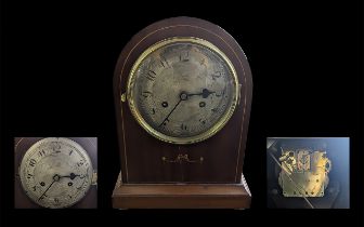 Mahogany Edwardian Mantle Clock, silvered dial, Arabic numerals, string inlay, spring driven