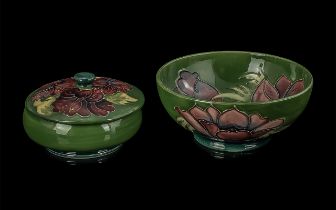 Moorcroft 6'' Bowl, dark green with Hibiscus pattern, and a dark green lidded trinket box 5''