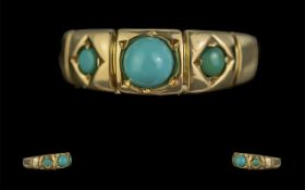 Antique Period - Attractive 18ct Gold 3 Stone Turquoise Set Ring. Full Hallmark to Interior of