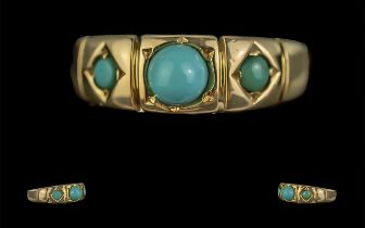 Antique Period - Attractive 18ct Gold 3 Stone Turquoise Set Ring. Full Hallmark to Interior of