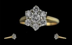 18ct Gold - Attractive Diamond Set Cluster Ring, Marked 18ct to Interior of Shank.