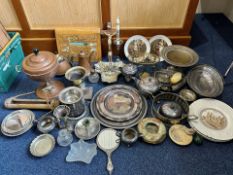 A Large Collection Of Metalware - To include silver plated trays, a tea service, copper kettles