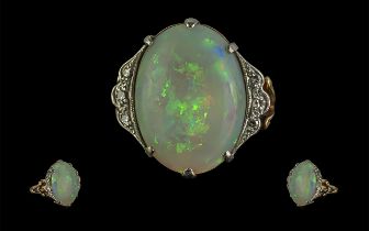 Antique Period Ladies - Excellent Quality Large Opal and Diamond Set Dress Ring. Marked 18ct to