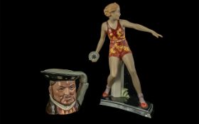 Royal Dux Figurine, 9.5'' tall, depicting a lady throwing a discus. Marked to base, slight chip to