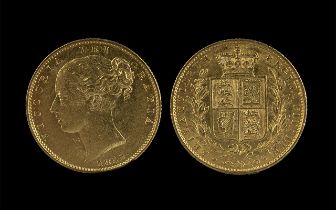 Queen Victoria 22ct Gold Young Head - Shield Back Full Sovereign, date 1852, toned with nicks,