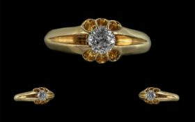 18ct Gold - Excellent Quality Single Stone Diamond Set Ring, Gypsy Setting. Marked with Full