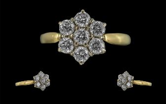 Ladies - Attractive 18ct Gold Diamond Set Cluster Ring, Flower head Design, Full Hallmark to