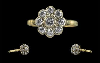 18ct Gold - Attractive Diamond Set Cluster Ring, Flower head Design. Full Hallmark to Interior of