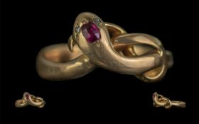 Antique Period - Pleasing 15ct Gold Snake Head Design Ladies Ring. The Head Set with a Ruby and