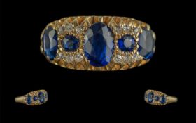 George V Period Superb Quality 18ct Gold Blue Sapphire and Diamond Set Ring with ornate gallery