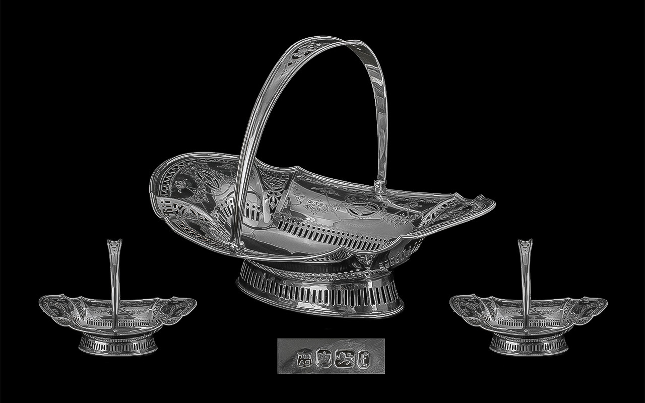 Late Victorian Period Fine Quality Sterling Silver Open Worked Swing Handle Fruit Bowl with
