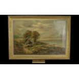 Victorian Oil On Canvas. Mountain Landscape With River And Cottage. Signed And Dated Lower Right 79.