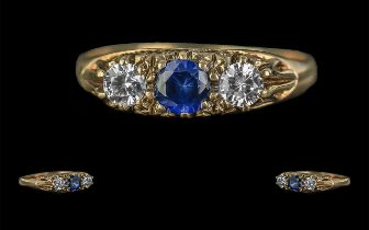 Ladies - Attractive 9ct Gold 3 Stone Sapphire and Diamond Ring. Full Hallmark to Shank. The