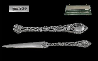Queen Elizabeth II Superb Boxed Sterling Silver Paper Opener Knife. The Handle Decorated In