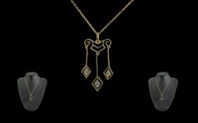 Art Nouveau Attractive and Pleasing Designed 9ct Gold Diamond Set Drop Pendant and Chain. c.1905 -