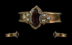 Victorian Period 1837 - 1901 Excellent 15ct Gold Black Faceted Jet and Seed Pearl Set Ring.