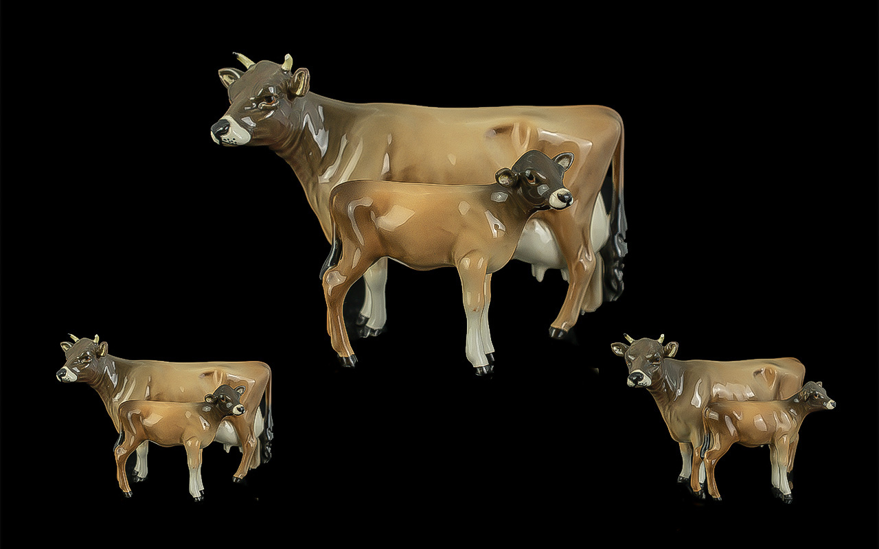 Beswick Hand Painted Farm Animal Figures ( 2 ) ' Jersey Cow and Calf ' Model No 1345 - 1249D.