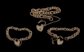 Antique Period Attractive 9ct Gold Curb Bracelet, Snake Design Links and Heart Shaped Padlock,