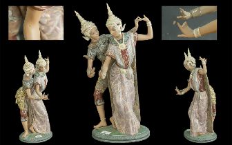 large Lladro Gres Figure Group 'Thai Dancers', modelled as a pair of exotic dancers, Issued 1974,