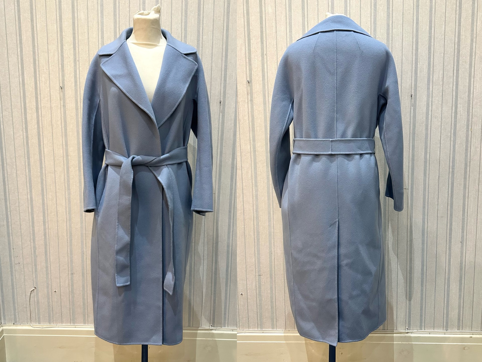 Max Mara Ladies Wrap Coat, pale blue, tie belt, pure new wool, Size 2 (small). In original box.