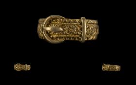 Antique Period - Attractive 18ct Gold Buckle Banded Ring, With Embossed Floral Decoration to