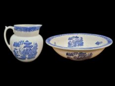 Victorian Jug & Bowl Wash Set, by Myott & Co. Willow Pattern, the large bowl with minor nicks to the