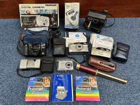 Box of Vintage Cameras, including Traveller Digital Camera, Polaroid President, Minolta Vectis 20,
