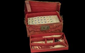 Early Chinese Mahjong Game Set. Chinese Mahjong Set Housed In Leather Carry Case, Leather Case Is