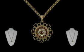 Edwardian Period 1902 - 1910 Good Quality Seed Pearl and Garnet Set Open worked Circular Pendant,