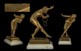 Art Deco Period Gilt Bronze Figure of nude female titled 'Ring Dancer' on onyx base,