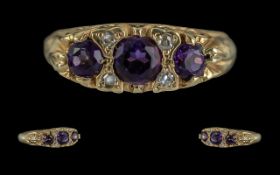 Antique Period 18ct Gold Attractive Amethyst & Old Cut Diamond Set Ring, gallery setting. The