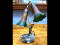 Servlite Vintage Style Lamp, with two amber and green coloured trumpet shades raised on a metal lily