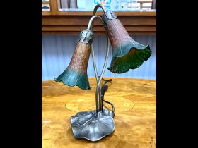 Servlite Vintage Style Lamp, with two amber and green coloured trumpet shades raised on a metal lily