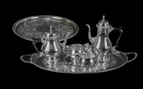 Silver Plated Tea Service ( American ) Comprises 2 Trays, Coffee Pot, Tea Pot, Sugar and Milk Jug.