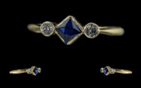18ct Gold - Pleasing Petite 3 Stone Sapphire and Diamond Set Ring. Marked to Interior of Shank.