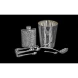 Assortment of Collectibles, including two silver sugar nips, silver spoon, pewter hip flask, white