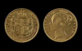 Queen Victoria 22ct Gold - Shield Back Young Head Full Sovereign - Date 1868. Die Number 33. Toned